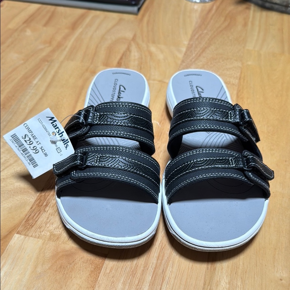 Clarks Black Double-Strap Slide Sandals size 8